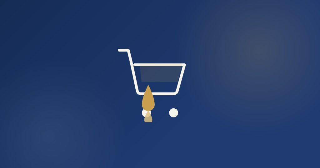Illustration of a shopping cart with a leaking sale, representing an abandoned cart