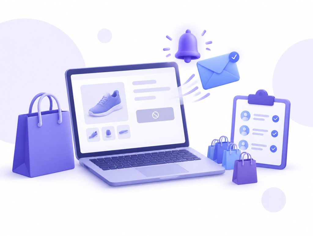 Back-in-stock email automation illustration with laptop, notification bell and waitlist