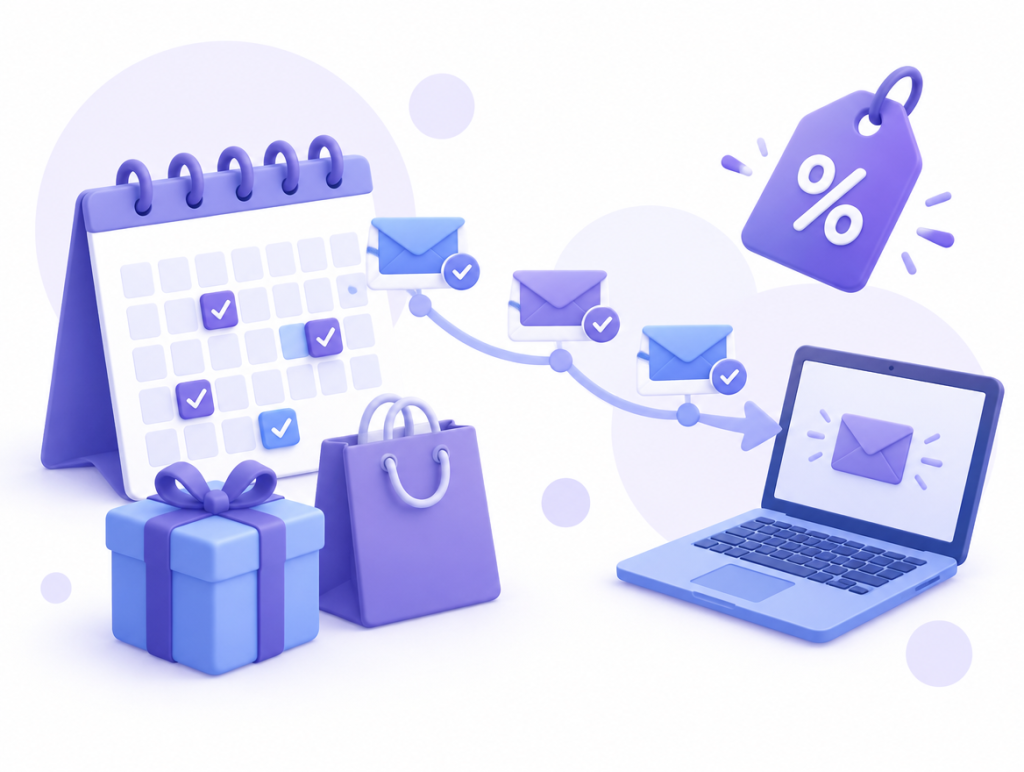 Black Friday Cyber Monday email calendar illustration with sale emails and gift box